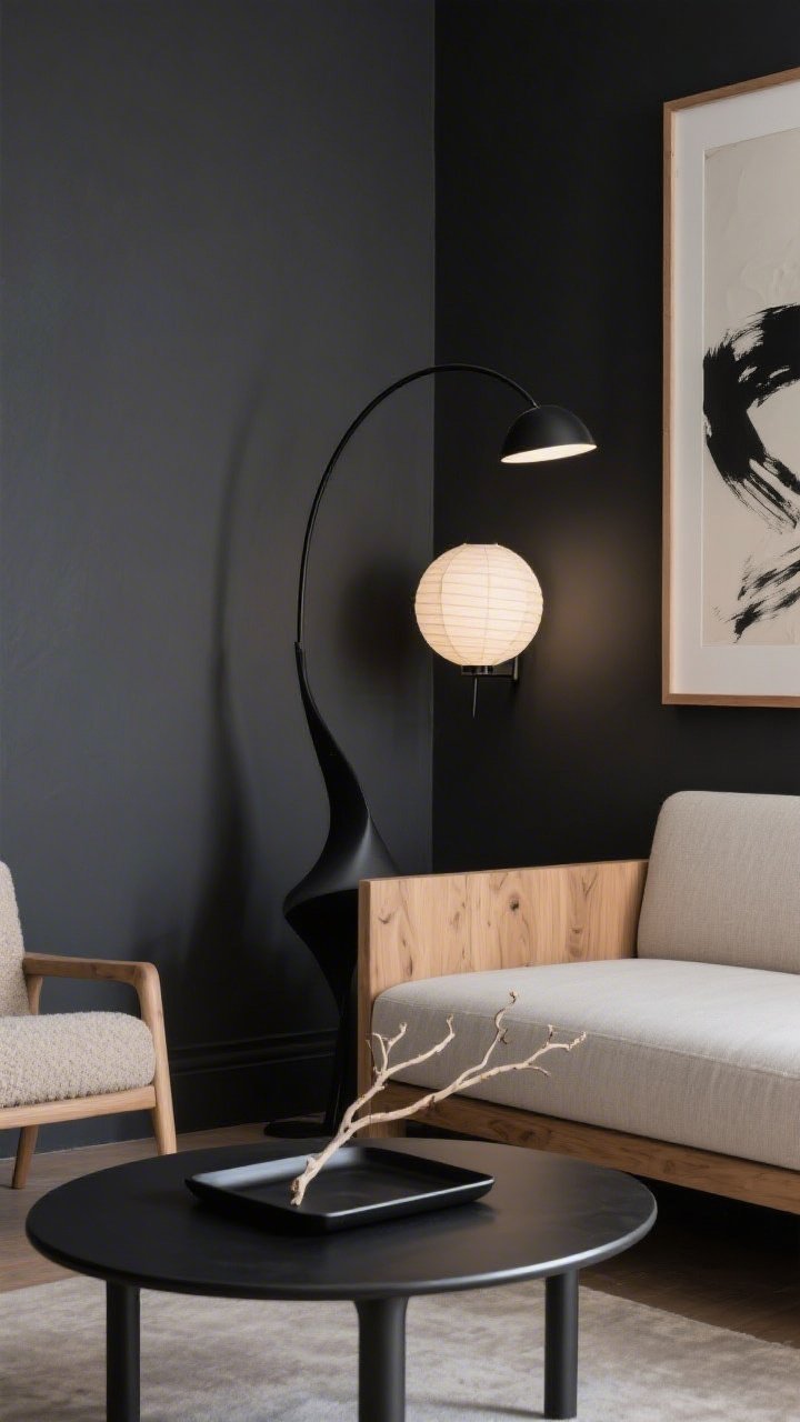 Detail closeup, Charcoal Contrast with Sculptural Accents: focus on the junction of a deep charcoal gray painted wall and a light beechwood sofa arm with clean lines; foreground shows rounded-edge blackened steel coffee table surface holding a black tray with a single branch clipping; soft glow from a matte-black sculptural arc floor lamp off-frame and a paper orb sconce casting moonlike light on the wall; thin wood frame ink-brush abstract print blurred in background; textures: pale wood grain, smooth steel, paper glow, boucle hint from an adjacent accent chair; color palette charcoal, beech, bone, inky black; moody serene lighting, photorealistic.