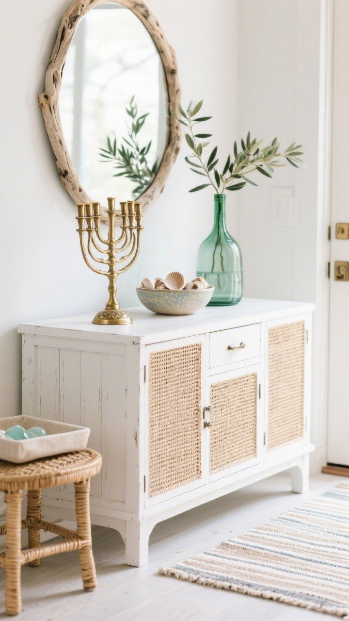 Detail closeup, coastal-cool entryway vignette in soft natural daylight: a whitewashed console with cane-paneled drawers, round driftwood mirror partially visible above. On the console, a brushed brass heirloom-style menorah with soft curves and patina-ready finish beside a ceramic bowl of shells and a tall bottle-green glass vase holding olive branches for height. Include hints of a striped runner rug edge, rattan stool leg, and a linen catchall tray corner. Palette cloud white, sea glass, sand, soft brass. Breezy, collected calm, photorealistic, straight-on eye-level crop emphasizing textures of cane, brushed metal, and glass.