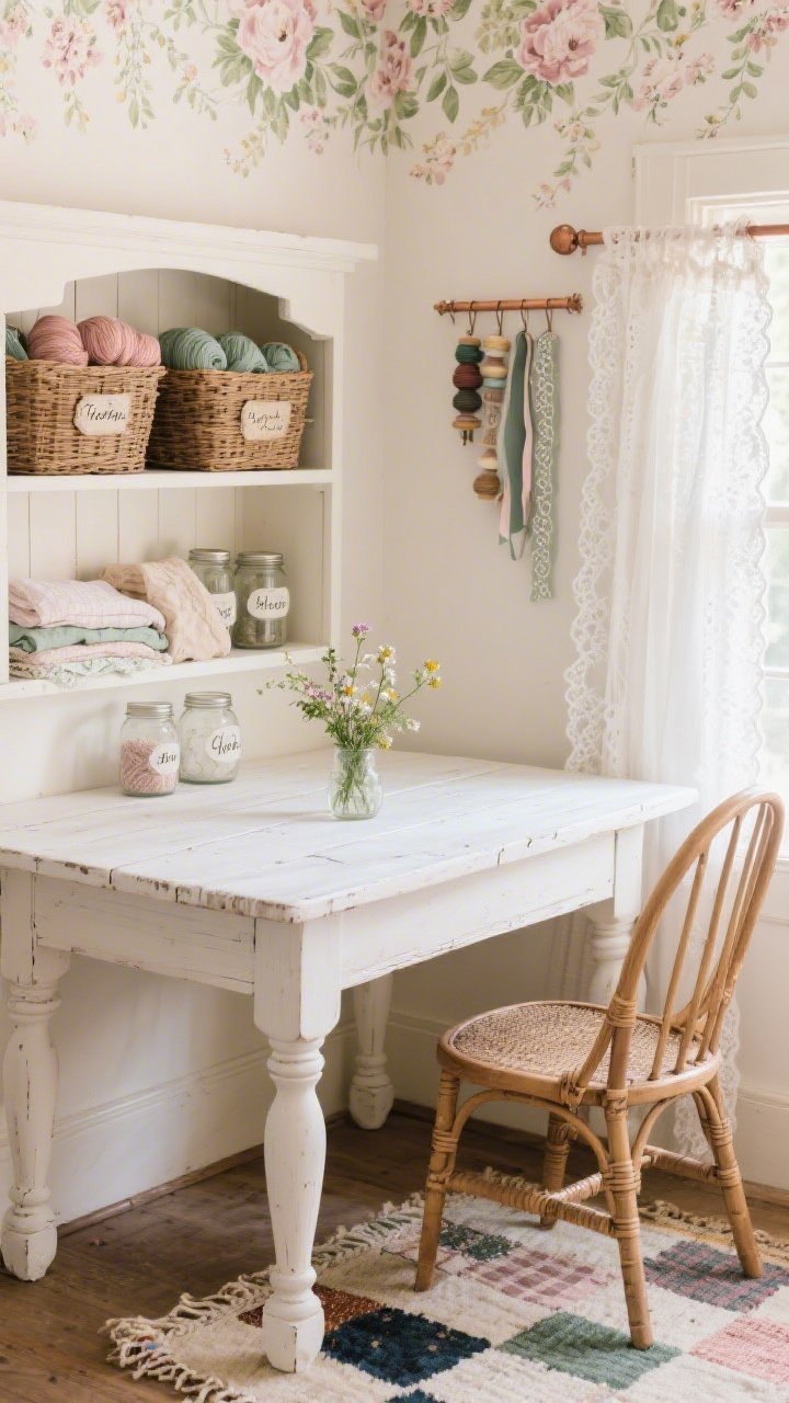 Detail closeup, Cottagecore Craft Nook: intimate vignette of a whitewashed farmhouse table with turned legs against a floral wallpaper accent; a cane-back chair partially visible; wicker baskets on an open shelf holding yarn and folded fabric, with mason jars labeled by hand; a lace-trimmed curtain concealing a lower cubby; a small copper rod above a window displaying hanging spools and ribbon; a patchwork rug edge and a petite vase of wildflowers on the table; soft buttercream walls, blush and sage accents; gentle natural light; photorealistic texture focus.