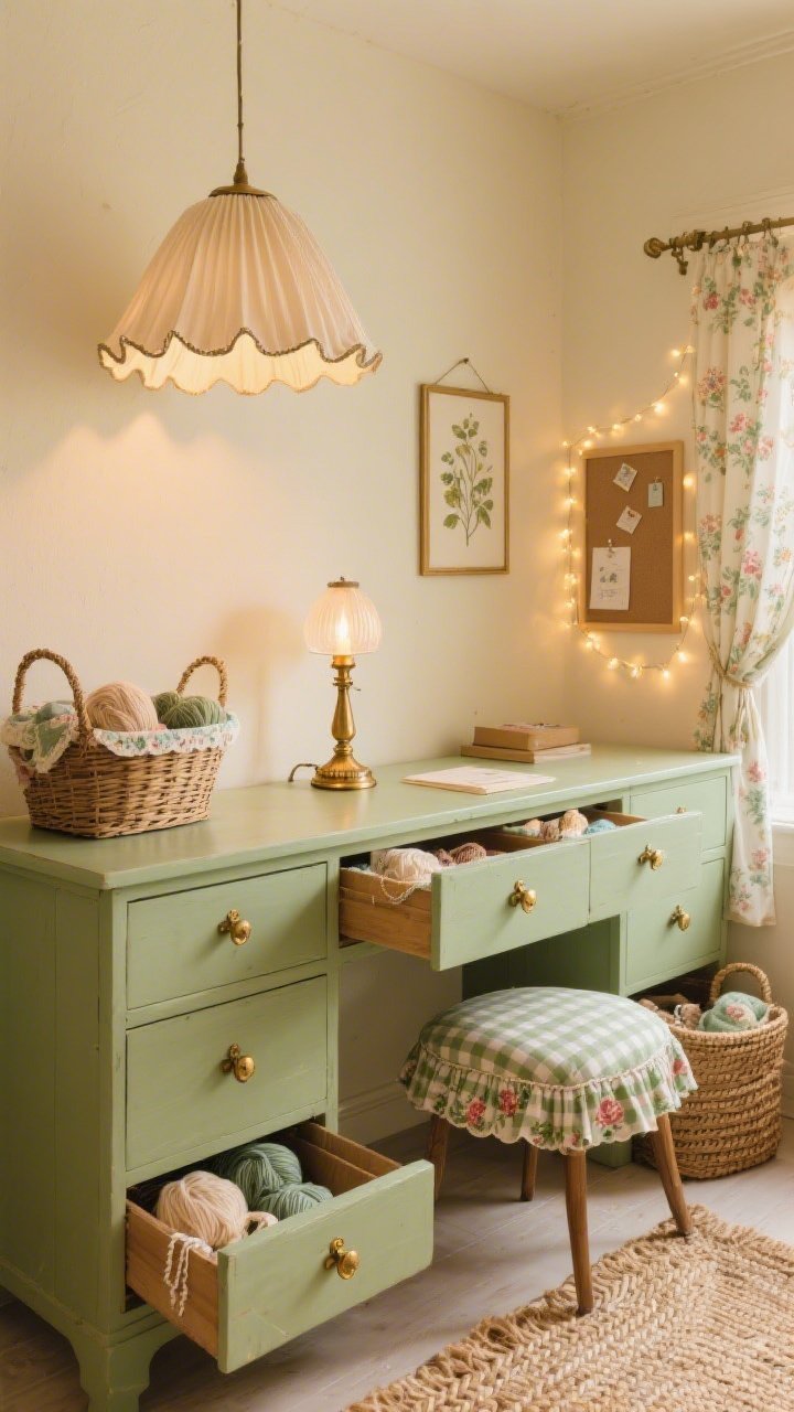 Detail closeup, eye-level: A Cottagecore Glow Nook vignette showing buttercream walls, a sage green desk with floral-lined drawers partially open, wicker baskets filled with yarn and trims, and brass knobs that catch the light. Warm, intimate lighting from a pleated fabric pendant with a scalloped edge softly glowing above, plus a petite antique brass desk lamp with a milky glass shade giving a candlelit feel. Twinkle fairy lights frame a pinboard in the background; a slim brass picture light highlights a botanical print. Textiles visible: gingham seat cushion, ruffled café curtains, braided jute rug edge. Golden-hour warmth, photorealistic.