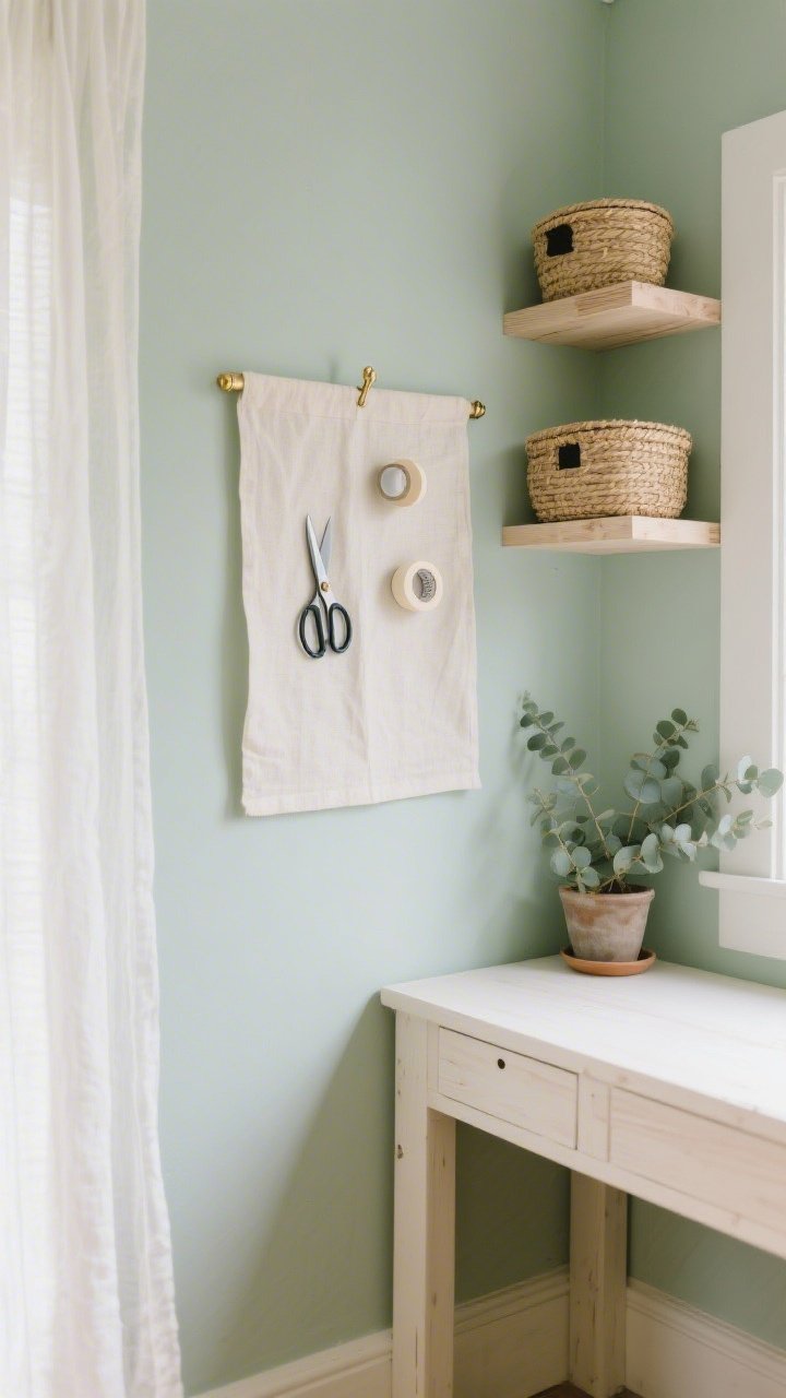 Detail closeup, eye-level: A serene soft sage sanctuary focusing on a linen-draped pinboard against whisper-sage walls, with brass peg hooks neatly holding scissors and washi tape; adjacent light birch shelving with woven lidded baskets; the corner of a soft ivory painted wood desk and a small potted eucalyptus peeking in; textures of soft linen, smooth birch, and matte sage captured in gentle natural light filtered through sheer curtains; palette of sage, ivory, birch wood, and soft linen.