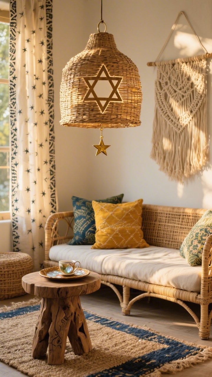 Detail closeup focused on Boho sunroom textures and light: a suspended wicker pendant with a subtle Star of David cutout casting woven, geometric shadows across rattan and cane furniture at golden hour. Foreground shows a slouchy low sofa edge with patterned throw pillows in saffron, indigo, and olive; layered rugs (jute base with a small indigo dhurrie) beneath a carved raw-wood stool used as a side table. A star-inlaid mother-of-pearl tray holds tea. In the background, block-printed curtains with micro-star borders and a macramé wall hanging anchored by a tiny brass star charm. Warm, golden natural light emphasizing woven textures. Photorealistic.