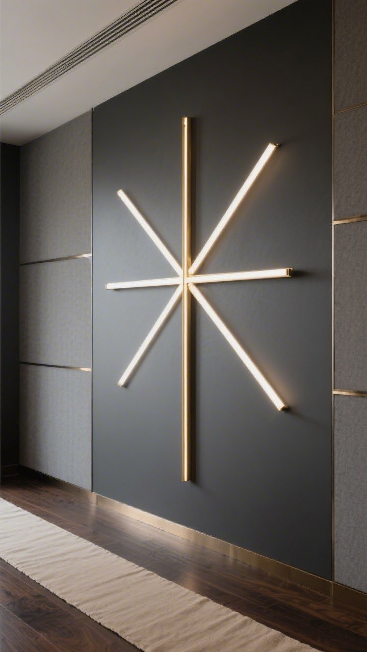 Detail closeup focusing on “Minimal Cross + Light Beams”: a thin-line cross in brushed brass (or white LED tubing) mounted on a matte charcoal backdrop. From the cross, angled light bars or narrow beam movers fan out like precise sunrays. Warm white color temperature with a whisper of gold glow at the tips. Surrounding textures: smooth wall surface, polished metal, and subtle acoustic panel seams adding sophistication. Floor below shows a bit of dark-stained wood with a slim oatmeal linen runner edge in frame. Mood: clean, modern, reverent, camera-friendly, photorealistic.