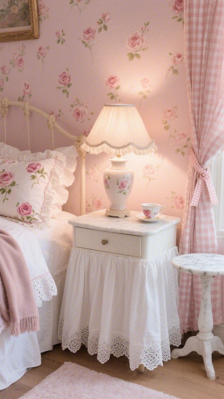 Detail closeup for “Garden Tea Room”: focus on a skirted nightstand in crisp white poplin beside a skirted bed, both with gentle ruffles. On the bed edge, rose-print pillowcases and a ruffled coverlet with a folded cashmere throw in dusty rose. Soft blush wall or subtle rosebud wallpaper softly blurred in background. Ceramic lamp with a ruffled shade casting a delicate tea-time glow. Visible textures: eyelet trim, a peek of gingham accent, and dotted swiss sheer curtain edge. Nearby, a tiny marble-topped table with a teacup-as-trinket-dish and a ribbon-tied curtain holdback. Romantic, sweet mood; warm indoor lighting.