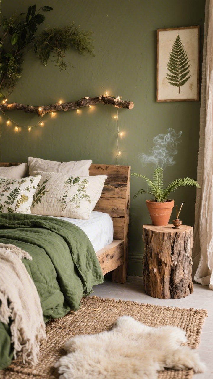 Detail closeup, Forest Folk Sanctuary textures and botanicals: raw-edge wood bed corner with moss-green linen duvet, cream quilt folded back, embroidered botanical pillows; layered rug edge showing woven jute beneath a soft faux sheepskin; sage-painted wall in background with pressed fern art; twinkle lights draped from a branch curtain rod softly glowing; terracotta planter with a small fern and a stump side table holding an incense holder with a wisp of smoke; photorealistic, earthy mood.