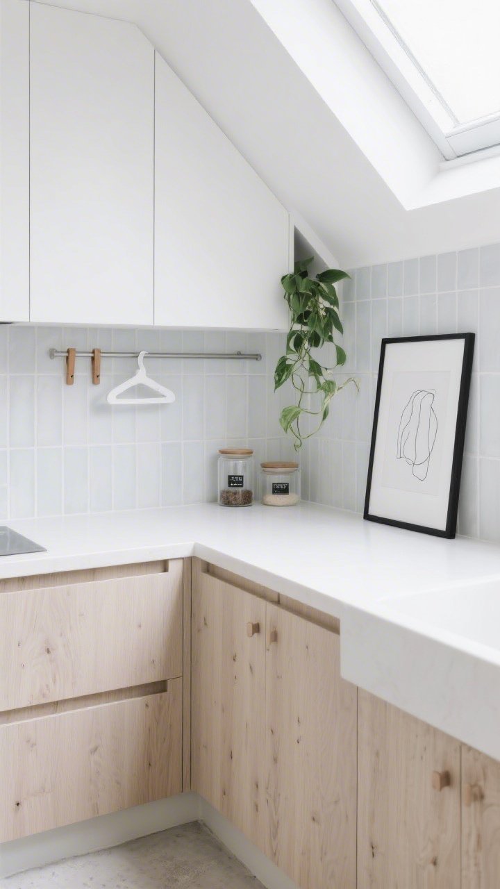 Detail closeup from a Scandinavian minimalist nook, overhead/angled: pure white solid-surface counter meeting a backsplash of vertical thin tiles in a milky glaze; soft natural light from above suggesting a skylight or solar tube. Edge of flat-front light white-oak cabinetry with finger pulls, pale microcement floor visible at frame edge. Clear glass canisters with neatly labeled contents, cedar pegs, and a slim drying rod beneath the wall cabinets with a single white hanger. A framed black line drawing and trailing pothos leaf enter the frame subtly. Palette: white, light oak, soft gray; textures: microcement, glazed tile, natural wood. Airy, photorealistic.