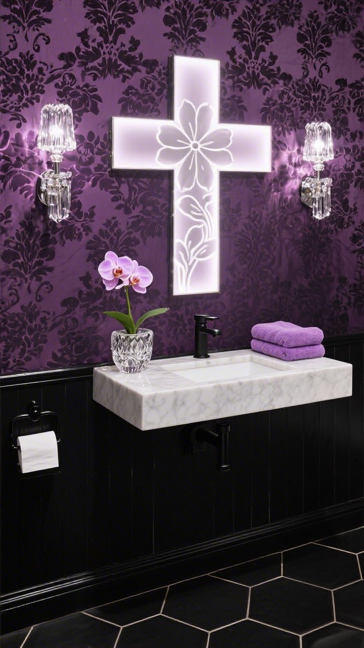 Detail closeup in a glam powder bath, straight-on at mirror: moody aubergine purple floral damask wallpaper as the backdrop; a backlit floral cross mirror with softly glowing etched petal details above a petite floating vanity with a white quartz top and matte black faucet; crystal sconces on each side of the mirror shimmering; plush lilac hand towels neatly folded; a cut-crystal vase holding a single orchid; black hex tile floor glimpsed below; hardware in matte black including sleek paper holder; palette of aubergine, black, white, chrome; spa-like, high-end photorealism.