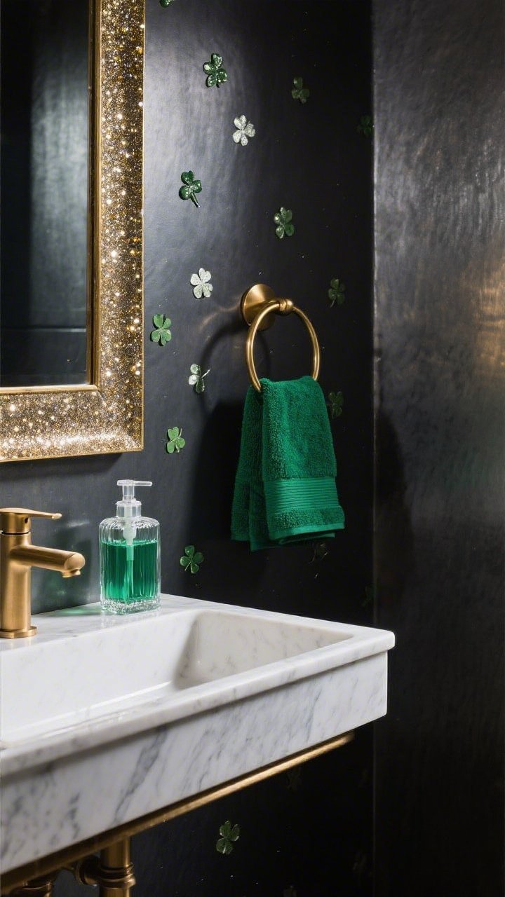 Detail closeup in a glam powder room: charcoal wall with ultra-fine metallic sheen catching pinpoints of light; near-invisible scatter of minute shamrocks in pearly ink visible at an angle; edge of a slim wall-hung marble sink with crisp lines; deco mirror trimmed in brass reflecting sparkle like topcoat; brushed brass faucet and towel ring; folded forest green hand towel and a clear glass soap pump filled with emerald-tinted liquid; high-contrast, intimate lighting emphasizing shimmer.