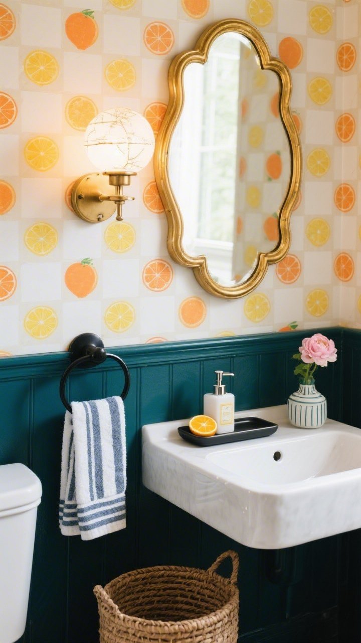 Detail closeup in a powder bath: peel-and-stick citrus or gingham wallpaper as the backdrop (playful, polished), a gold scalloped frame mirror catching soft illumination from a globe sconce above, striped hand towels neatly folded on a matte black towel ring, slim vanity tray with a citrus-scented soap dispenser, small woven wastebasket peeking below, tiny vase with ranunculus on the vanity; palette white, navy or emerald, bursts of tangerine and lemon; warm, flattering sconce light