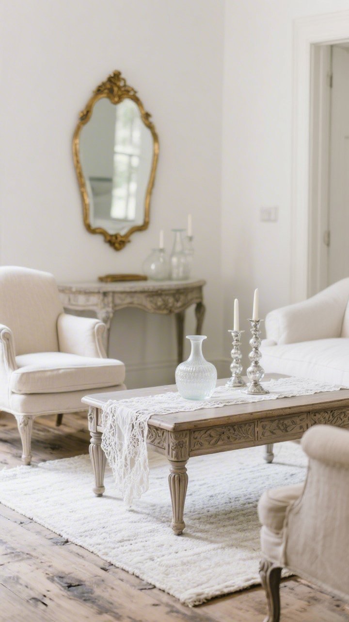 Detail closeup, Lace-and-Linen Parlour textures: a carved wood coffee table with fluted legs topped by a delicate lace runner, flanked by cabriole-leg armchairs in oatmeal linen. In the softly diffused light, chalky white walls and hints of a distressed pine floor with an off-white flatweave rug beneath. Milk glass vases and mercury glass candlesticks catch a gentle glow; a gilded mirror softly blurs in the background above a demilune console. Palette of antique white, oatmeal, soft taupe, pale gray; serene, romantic mood.