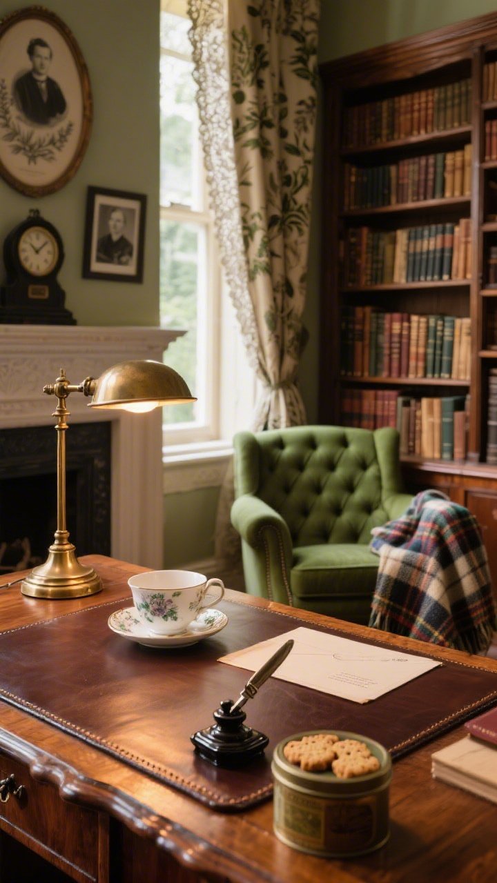Detail closeup: Librarian’s nook desktop scene showing a mahogany writing desk with a leather blotter and a brass banker’s lamp casting warm focused light. On the blotter: porcelain teacup, vintage letter opener, inkwell, and a tin of shortbread. Background blur reveals an antique bookcase crammed with hardcovers and a moss-green tufted armchair draped with a tartan wool throw; hints of botanical etchings and oval-framed black-and-white family photos on the wall. Lace-trimmed curtains glow with filtered afternoon light; a mantel clock softly implied. Rich textures and scholarly coziness, photorealistic.