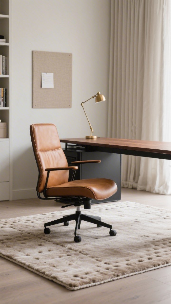 Detail closeup, luxe minimal home office floor zone: hand-tufted, low-sheen wool rug in warm greige with a subtle tonal border under a blackened steel desk with warm oak top; high-back ergonomic chair in cognac leather fully on the rug (no wheel-edge snagging); edge of a slim bookcase, linen pinboard, and articulated brass task lamp slightly out of focus; matte ivory wall and floor-to-ceiling curtain softening acoustics; quiet, polished, sound-dampened mood, photorealistic.