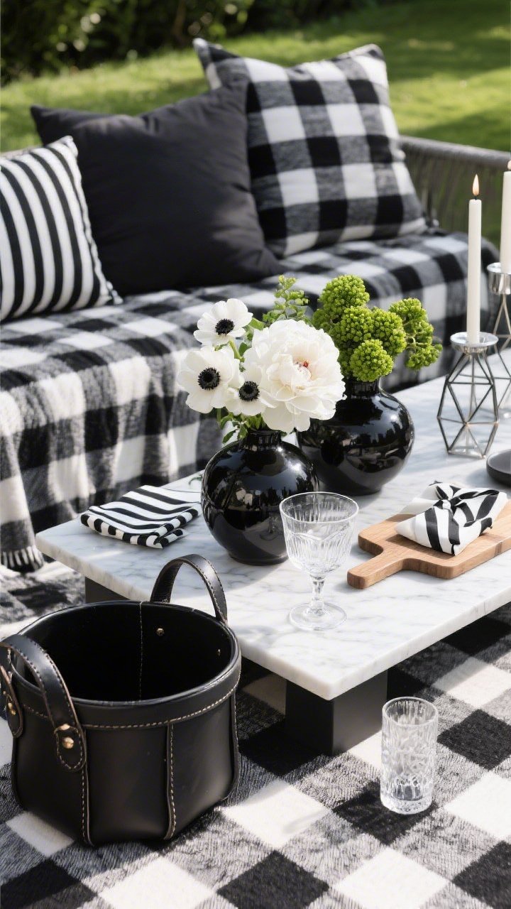 Detail closeup – Modern Garden Party With Black-And-White Chic: A crisp black-and-white check blanket fills the frame, with charcoal cushions and a sleek black basket with leather handles. Graphic florals—white peonies, anemones, and green hypericum—sit in matte black vases. A marble cheeseboard with clear coupe glasses and monochrome napkins with piped edges create a polished focal point. Striped ribbons and geometric candleholders peek in. Natural sunlight creates sharp, high-contrast shadows across the checks, emphasizing black, white, glossy green, and a hint of silver. Perspective: angled closeup focusing on contrast, materials (marble, matte ceramic, glass, leather), and precise styling.