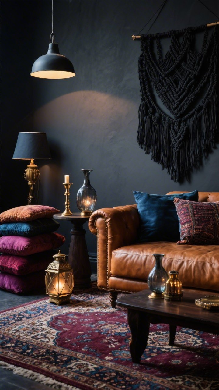 Detail closeup, Moody Boho Lounge: a vignette of a cognac leather sofa arm with a richly patterned Persian rug beneath in wine and indigo; heavy charcoal wall in the background with matte macramé wall art in black; stacked jewel-toned floor cushions and dark wood side table holding antique brass candleholders and smoky glass vases; soft pools of light from a nearby table lamp and lanterns, hint of a dimmable pendant glow; color palette charcoal, indigo, burgundy, cognac, brass; intimate, dramatic mood, photorealistic.