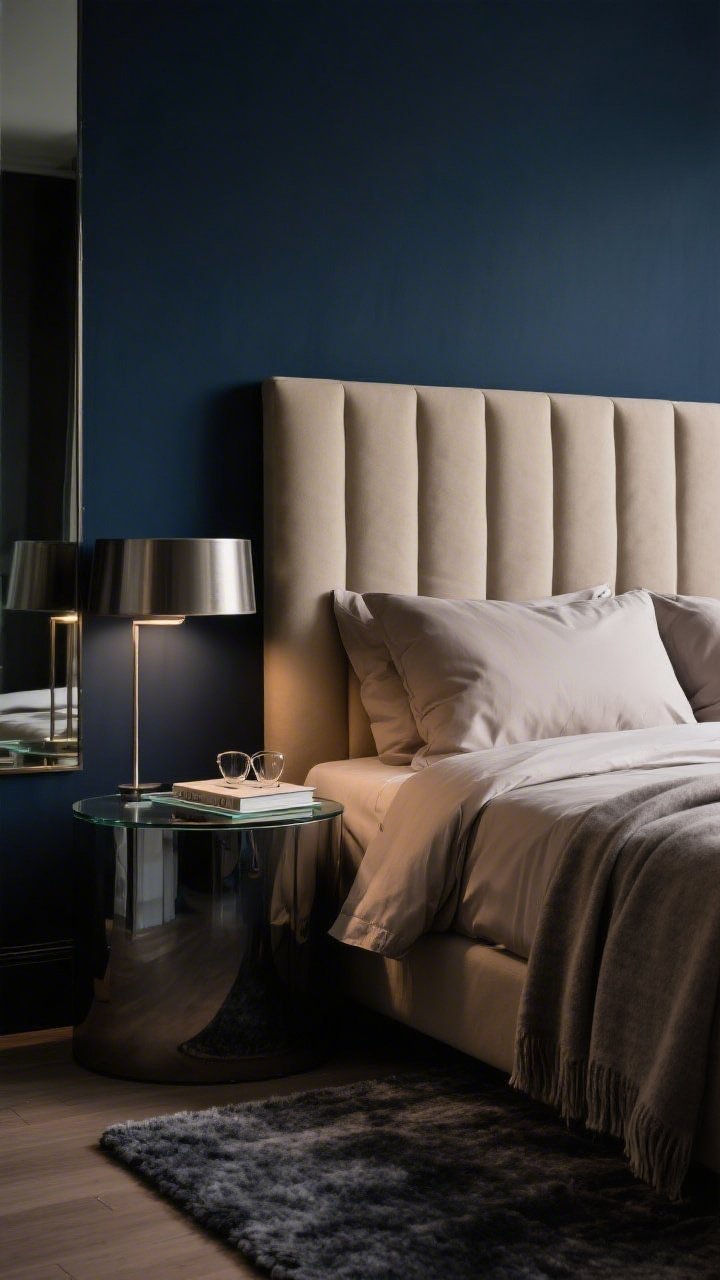 Detail closeup, moody lighting: A channel-tufted oatmeal headboard against deep midnight blue matte walls; soft taupe bedding with sateen sheets showing a gentle sheen, a cashmere throw folded at the corner; brushed pewter bedside lamp with dimmable low-glow casting highlights on a smoked glass tray holding a book and glasses; edge of a charcoal wool rug visible at the bedside; subtle reflections in a smoked mirror nearby; finishes in pewter, charcoal wool, and smoked glass; dark, cocooning atmosphere, photorealistic.