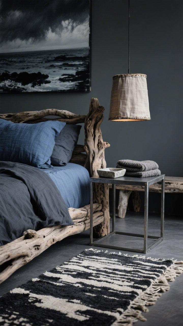 Detail closeup, moody lighting: Driftwood modern rustic textures—tight shot of a driftwood-finish bed corner with indigo-dyed shams against a charcoal linen duvet. Industrial metal nightstand beside it holds a stone tray and folded wool throw; background hints of a weathered bench at the foot of the bed. Charcoal-and-cream Berber-style rug visible below, and an abstract seascape with inky brushstrokes softly out of focus on the wall. Heavy linen drum pendant glow creating stormy, overcast ambiance, photorealistic.