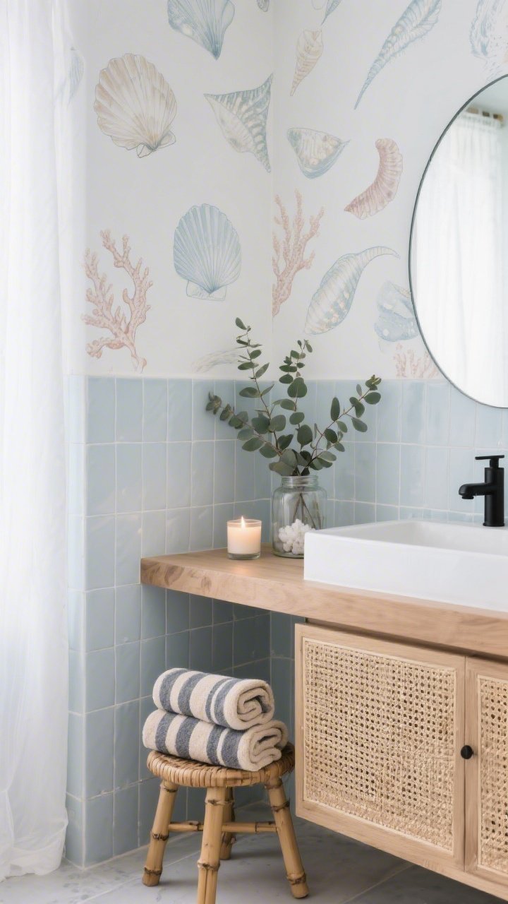 Detail closeup of a bathroom wall section with misty, hand-drawn shell and coral wallpaper in soft gray-blue and pearly white, delicate enough to complement tile; adjacent floating oak vanity edge with matte black faucet visible; frameless rounded-corner mirror catching soft, airy light; bamboo stool holding neatly rolled Turkish towels in slate and sand stripes; cane-front cabinet corner or seagrass basket peeking into frame; eucalyptus sprigs in a glass jar and a lit sea-salt-scented candle; fresh, spa-like ambiance, photorealistic.