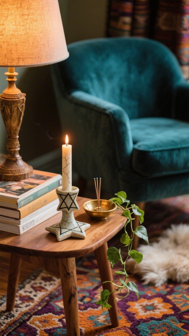 Detail closeup of a bohemian reading nook vignette, warm lamp light: mango wood side table surface with a handcrafted ceramic Star of David candle holder featuring a subtle crackle glaze, taper lit; set atop a small stack of art books next to a tiny brass incense dish and a trailing pothos spilling into frame; blurred background hints of a deep teal velvet armchair, patterned kilim rug layered with sheepskin; color pops of teal, saffron, plum, and aged brass; rich textures, layered and collected feel, photorealistic.