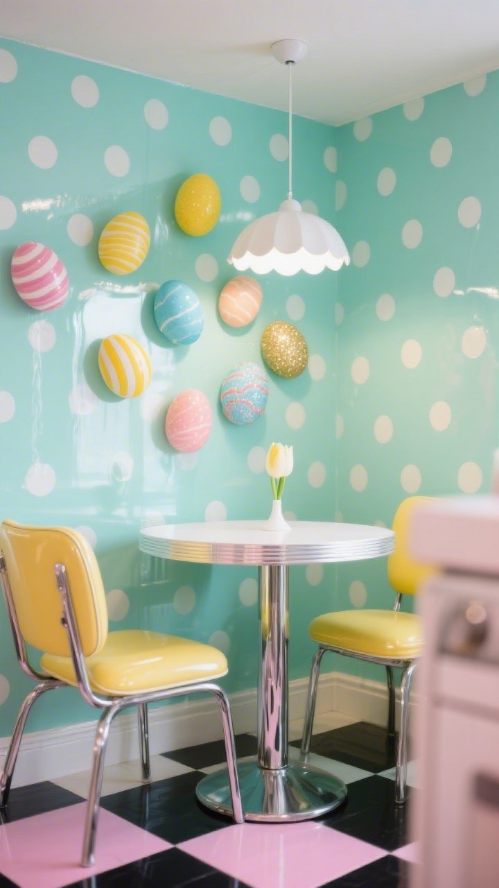 Detail closeup of a glossy mint-green kitchen nook wall with playful polka-dot clusters of candy-coated eggs in lemon, bubblegum, peach, and sky blue; include variations: striped, marbled, and glitter-dipped eggs like sugar gumdrops; soft, bright ambient lighting enhances high-gloss reflections; in the blurred midground, a white tulip pedestal table and chrome-legged diner chairs in lemon vinyl; hint of a black-and-white or pink-and-cream checkered floor and a scalloped pendant light above; photorealistic, retro-sweet mood with chrome, vinyl, and laminate textures.