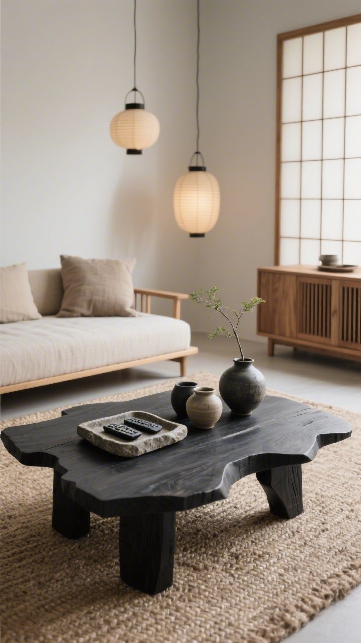 Detail closeup of a Japandi coffee table vignette: a blackened wood coffee table with organic edges on a textured jute rug, lit by soft, diffused daylight. Include a stone tray holding remotes, a few handmade ceramics with matte glazes, and a single minimalist ikebana arrangement. In soft-focus background, a low-profile platform sofa with linen cushions, warm beige and soft taupe textiles, and inky accents. Hints of an oak sideboard with slatted doors and a shoji-inspired divider. Lighting from lantern-style pendants; calm, sculptural simplicity, photorealistic.