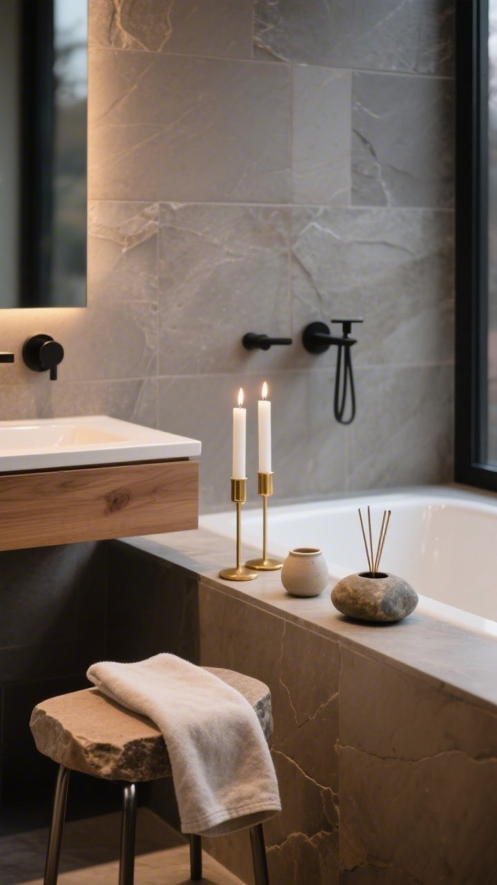 Detail closeup of a Japandi-inspired spa bath still life on a soaking-tub ledge or windowsill: warm gray stone-look tile backdrop, glimpse of floating oak vanity and matte black fixtures softly out of focus. Two low-profile gold candlesticks with slender white tapers, a small ceramic incense holder, and a smooth river stone arranged in a calm composition. Textures: linen towel on a nearby stool, stone, clay, brushed metal. Palette: warm gray, natural oak, soft white, muted gold, matte black. Dusk lighting with dim ambient light and gentle candle flicker for tranquil, private-retreat mood.