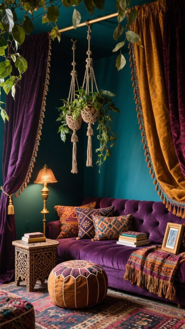 Detail closeup of a maximalist reading lounge: layered textiles and dramatic hues. Focus on boho plant hangers dripping from a ceiling canopy rail between beaded curtains, with leaves mingling above a low tufted floor sofa piled with patterned cushions. Capture tassels, fringe, kilim poufs, and an antique brass floor lamp with a dimmer casting a warm, cocooned glow across aubergine or inky teal walls. Include a carved Moroccan side table edge and a small stack of books in frame. Palette: aubergine, teal, saffron, merlot. Photorealistic, intimate low-angle detail with moody lighting.