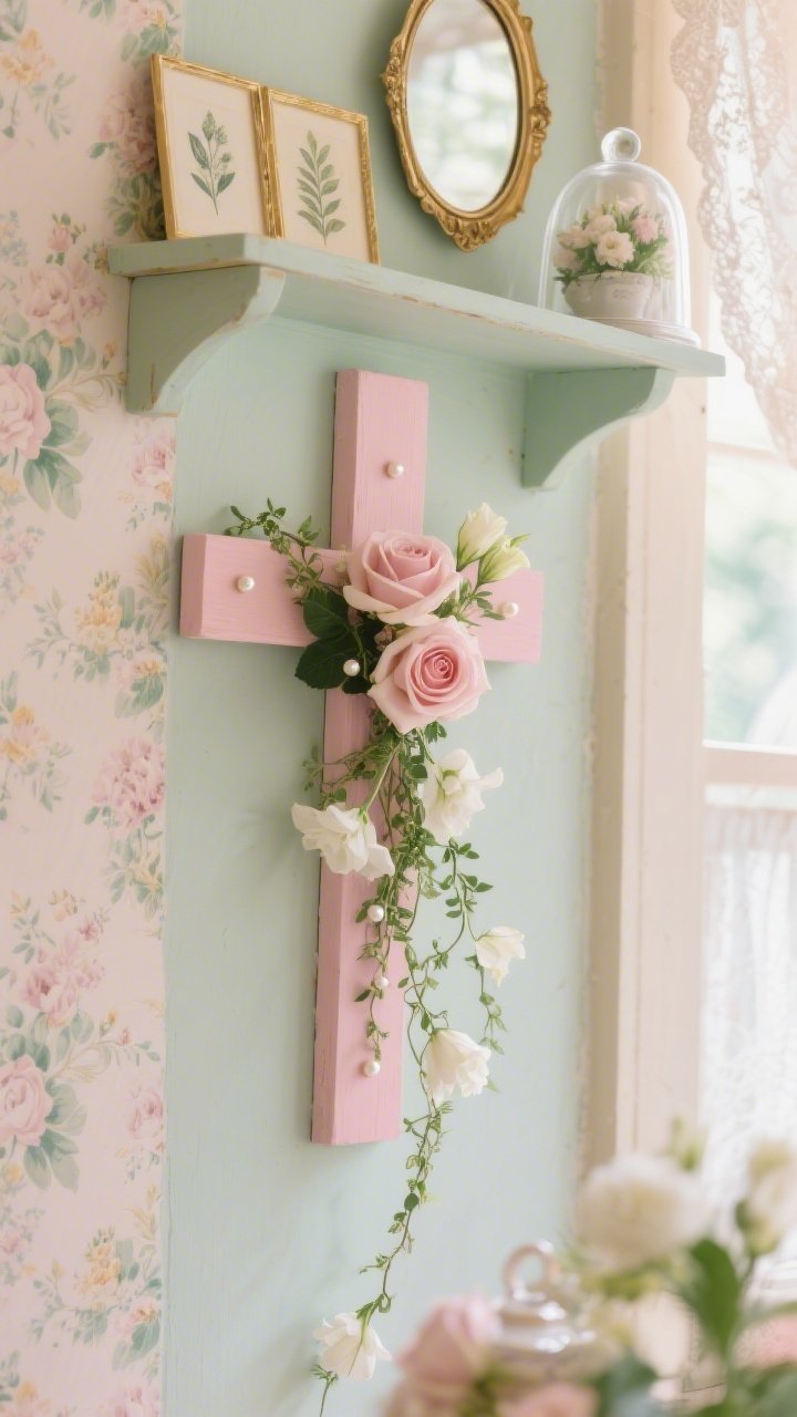 Detail closeup of a romantic garden tea parlor wall vignette. A painted blush cross draped with garden roses, lisianthus, and trailing smilax; tiny pearl pins subtly catching the light. The cross sits slightly off-center above a wall shelf styled with small botanical prints and a cloche-covered mini bouquet. Background hints of floral pastel wallpaper, lace curtains, and a glimpse of a gilded oval mirror. Palette: blush, buttercream, mint, antique gold. Soft, diffused morning light, delicate textures.