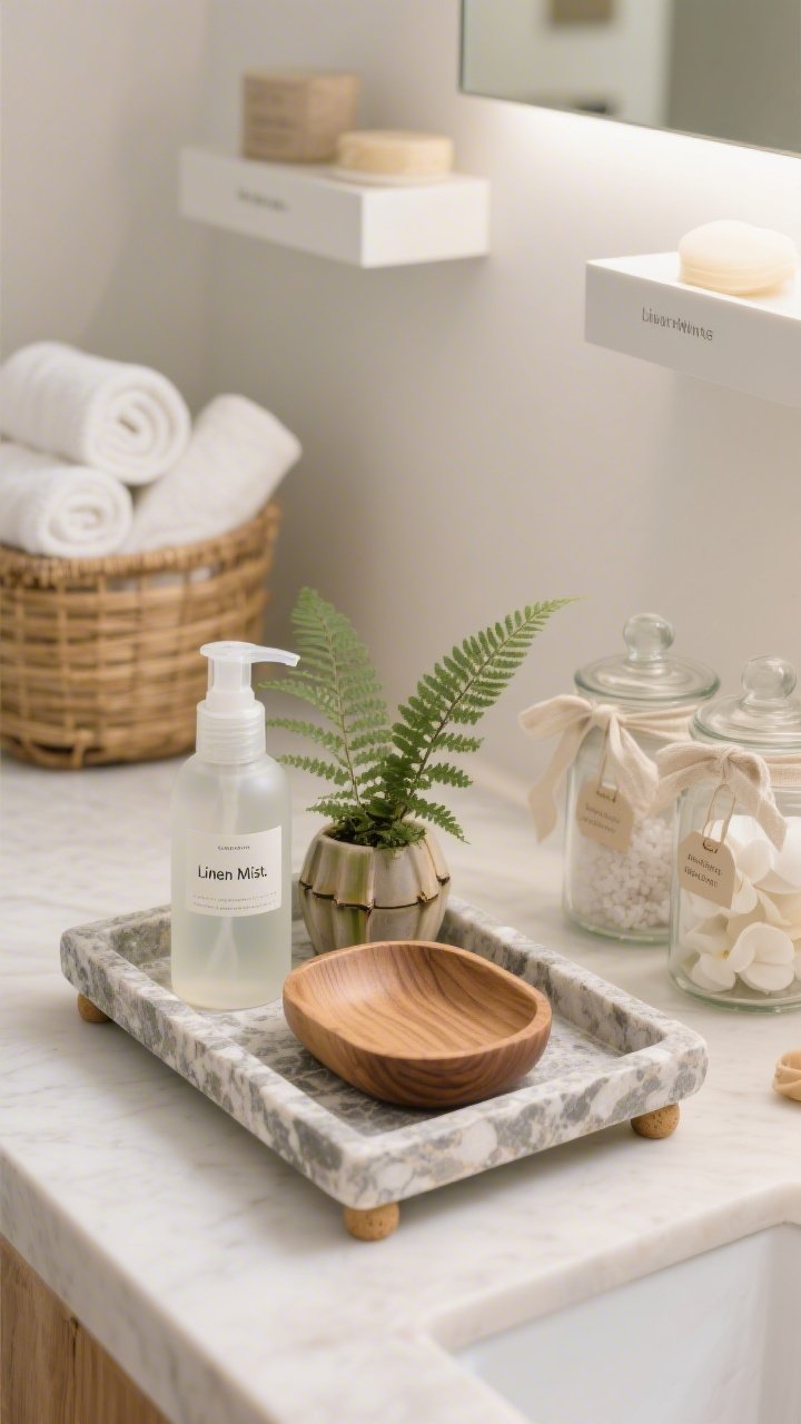 Detail closeup of a serene spa bathroom counter, shot slightly overhead: a faux-stone tray (stone-print contact paper with rubber feet) corrals a frosted glass spray bottle labeled “Linen Mist,” a teak-look soap dish with painted wood-grain, and a mini potted fern. To the side, apothecary jars filled with cotton rounds, bath salts, and soap petals, each tied with linen ribbon and tiny label tags. In the background blur, a bamboo basket stacked with rolled white towels and floating shelves with minimalist typography. Palette white, ecru, soft taupe, eucalyptus green; textures frosted glass, bamboo, stone, linen; soft diffused spa lighting.