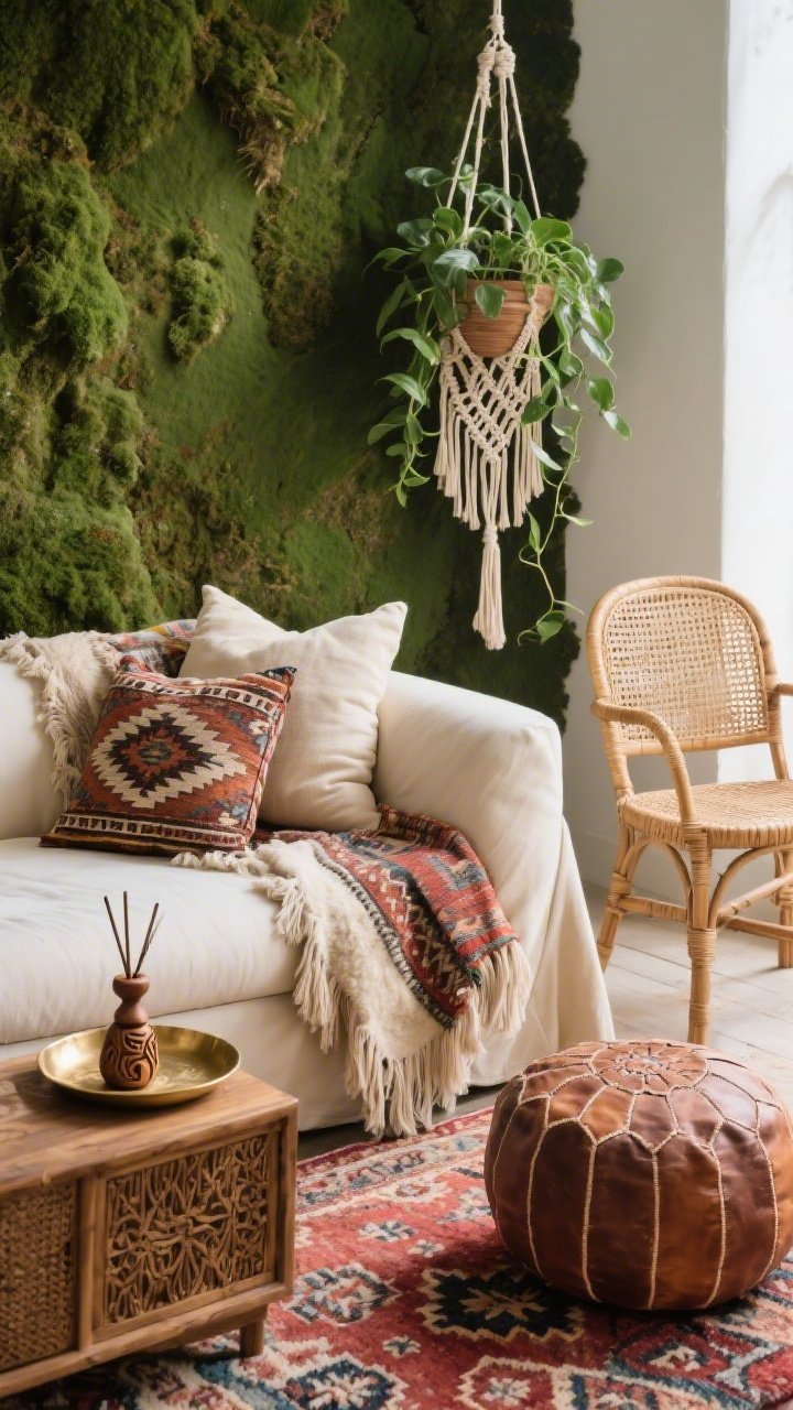 Detail closeup of layered boho textures: Cream sofa corner piled with kilim pillows, edge of a patterned wool rug in faded reds and indigos, Moroccan leather pouf nearby; backdrop of mossy sage wall with macramé plant hanger holding pothos, rattan accent chair arm and caned credenza edge visible; small brass tray with carved wood incense holder; mix of rattan, wool, fringe, and raw wood; soft natural light filtering through, lush and cozy, photorealistic.