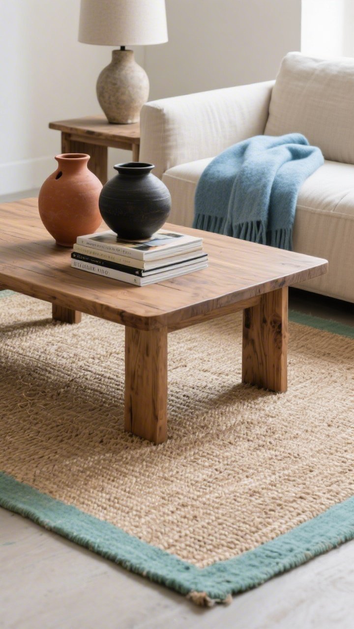 Detail closeup of materials and tones: a natural jute rug with a painted sage (or soft sky-blue) border beneath the corner of a putty-toned linen sofa and a solid wood coffee table with visible grain. On the table: terracotta vessels, black pottery, and stacked art books. A stoneware table lamp base nearby. A folded soft blue wool throw echoes the rug border on the sofa arm. Calm, earthy minimal mood in diffused daylight.