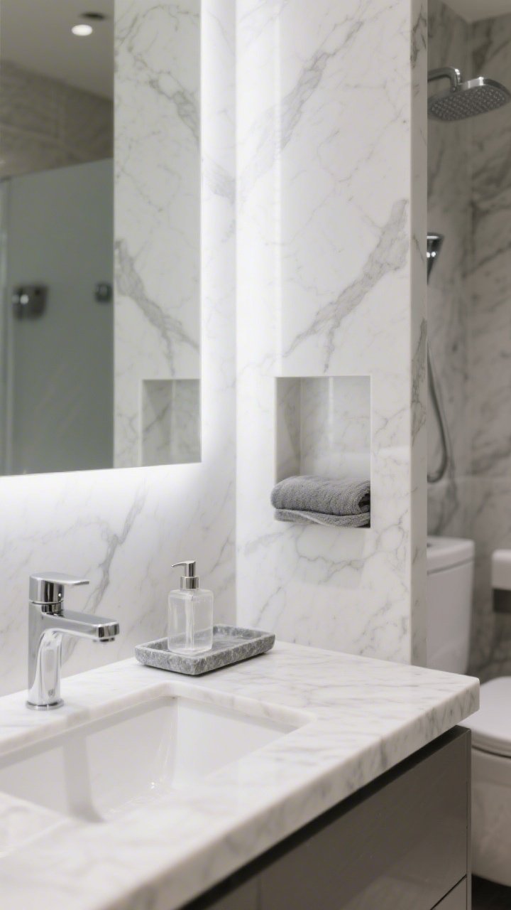 Detail closeup of monochrome marble luxe surfaces: large-format white-and-gray marble-effect porcelain slab shower wall meeting a thin-profile marble vanity top, crisp polished chrome hardware sparkling, built-in shower niche with tonal items (gray Turkish towel edge visible, translucent soap dispenser, single stone tray), hint of wall-hung toilet in background blur, edge-lit oversized mirror casting a refined glow; lighting is bright and hotel-clean with soft edge illumination; clutter-free, high-end finish.
