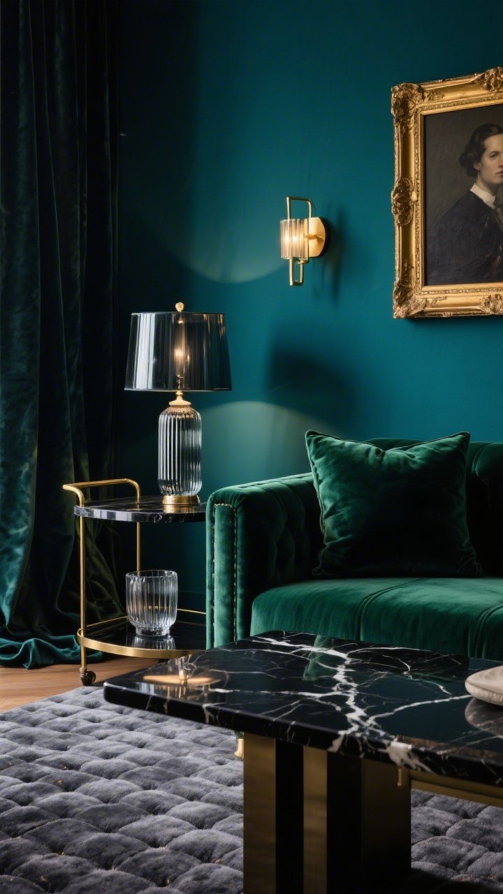 Detail closeup of moody luxe vignette: Deep inky teal wall behind an emerald velvet sofa arm; black marble coffee table with dramatic veining holding smoked glass lamp reflection and a ribbed glass on a lacquered bar cart edge nearby; plush hand-tufted charcoal rug texture visible; brass sconce glow on wall; silk cushion and velvet drape puddling slightly at floor; gold-framed moody portrait partially in frame; sumptuous, intimate, photorealistic.