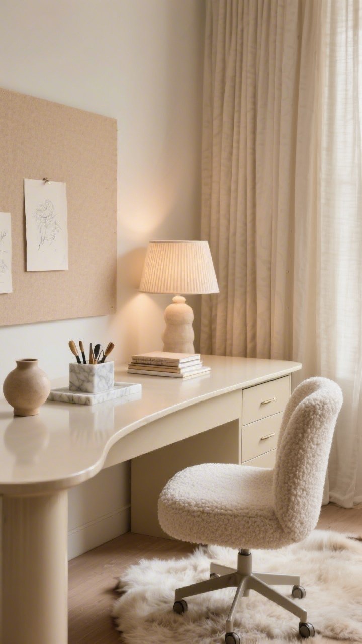 Detail closeup of soft neutrals serenity desk vignette: a curved beige lacquer desk surface with a marble organizer holding tools; a plush bouclé swivel chair partially in frame; pale mushroom wall with a sand-colored pinboard softly blurred behind; linen curtains filtering warm, diffused light; closed cabinetry with ribbed fronts in the background; tabletop styled with ceramic vessels and a small stack of linen-covered sketchbooks; faux-sheepskin rug texture peeking under desk edge; soft lamp with fabric shade casting warm-glow ambience; spa-level calm, tone-on-tone tranquility; photorealistic, shallow depth of field.