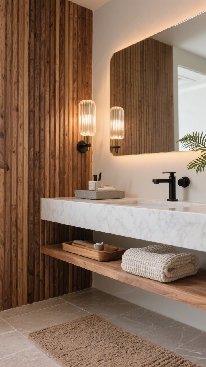 Detail closeup of spa-like bathroom vanity zone: moisture-resistant teak (or teak-look composite) vertical slat wall behind a floating vanity, slats wrapping as a side panel framing the mirror like a warm halo; porcelain stone-look floor in soft taupe visible at the bottom edge; white quartz vanity top with a concrete tray holding essentials; black wall-mounted faucets popping against the teak; ribbed glass sconces casting a serene, diffused glow; accents include cotton waffle towels neatly folded and a cedar bath mat; a small fern adding freshness; clean, boutique-hotel ambiance, photorealistic, no people.
