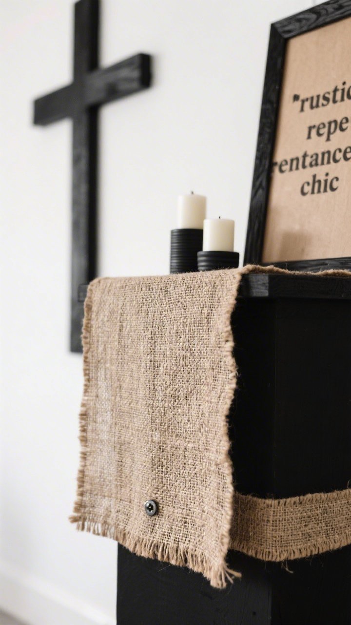 Detail closeup of textures and contrast: burlap and black “rustic repentance chic”; a burlap altar cloth layered over a black base so the weave is sharply visible; edge of a clean-lined black wooden cross on a white wall in soft focus background; lectern base wrapped with a narrow burlap band featuring a tiny iron nail accent; black ceramic candle cups holding ivory tapers nearby; a framed kraft-paper verse in bold sans-serif with black wood frame partially in frame; matte finishes, crisp graphic look.