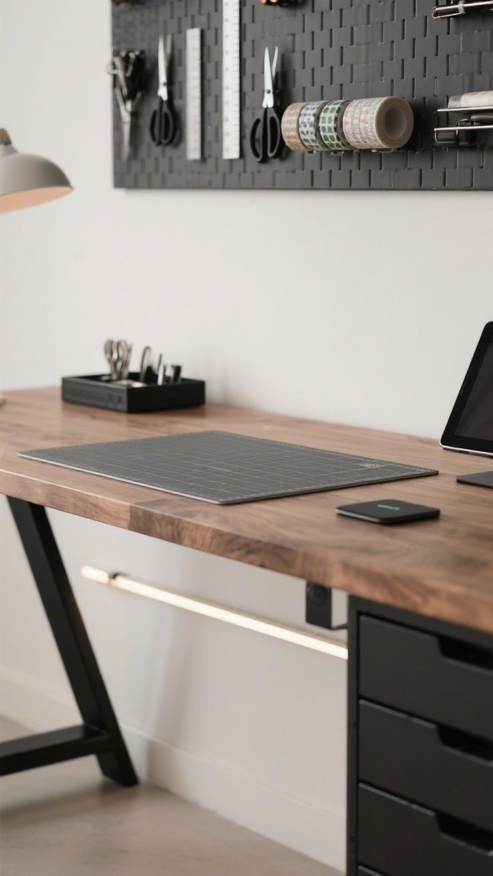 Detail closeup of the modern minimal maker’s bench desktop: black metal trestle desk frame with a thick oak top; warm white wall with a charcoal accent visible in background bokeh; a grid wall panel above organizing shears, rulers, and rolls of washi tape in neat rows; on the bare desktop, a precision cutting mat, a magnetic tray with small metal notions, and a few favorite tools; hidden drawer unit edge just visible; linear LED under-shelf strip casting even, shadow-free light; tablet stand and wireless charging pad low-profile on the side; sleek, streamlined, bold mood; photorealistic, side angle macro/close detail.