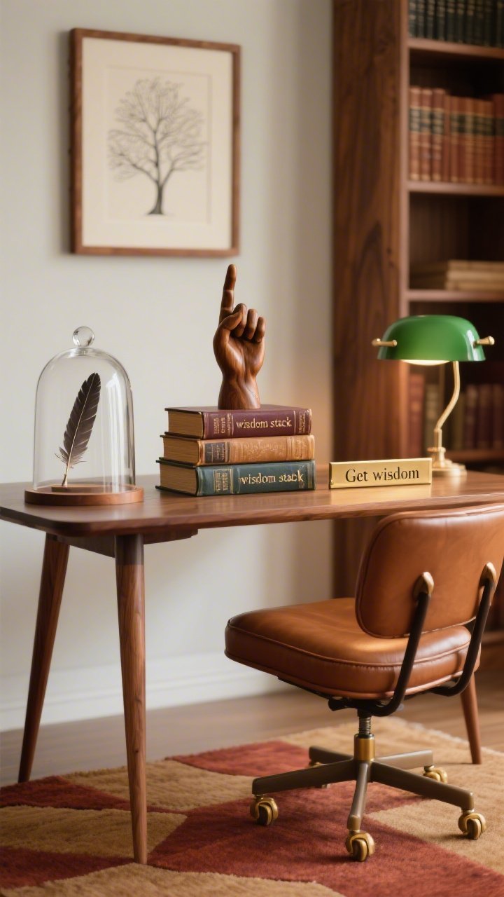 Detail closeup on a mid-century study desktop: tapered-leg walnut desk on a geometric rug in rust and camel (blurred background), cognac leather swivel chair with brass casters slightly out of focus. Centerstage “wisdom stack”—a trio of vintage Bibles and commentary volumes topped with a hand-carved wooden hand pointing upward. Beside it, a smoked-glass cloche encasing a feather quill, and a brass bookmark engraved “Get wisdom” catching warm light. Hints of walnut bookshelves and a green glass banker’s lamp glow in the background; minimal line drawing of a tree framed in walnut on the wall. Cozy, intellectual ambiance.