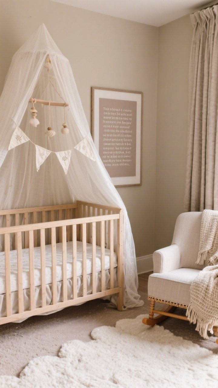 Detail closeup over crib area in a neutral nursery: warm greige walls, cloud-soft rug peeking below, light wood crib. Focus on a gauzy canopy framing a delicate linen Scripture mobile—tiny embroidered linen flags drifting gently. Nearby, a large framed verse in pale taupe, nearly tone-on-tone, soft and calming. Include a slipcovered rocking chair corner with a nubby throw, woven hamper edge, and blackout linen curtains that puddle slightly. Palette of greige, oat, whitewash, and soft taupe. Gentle, diffused lighting, whisper-quiet mood.