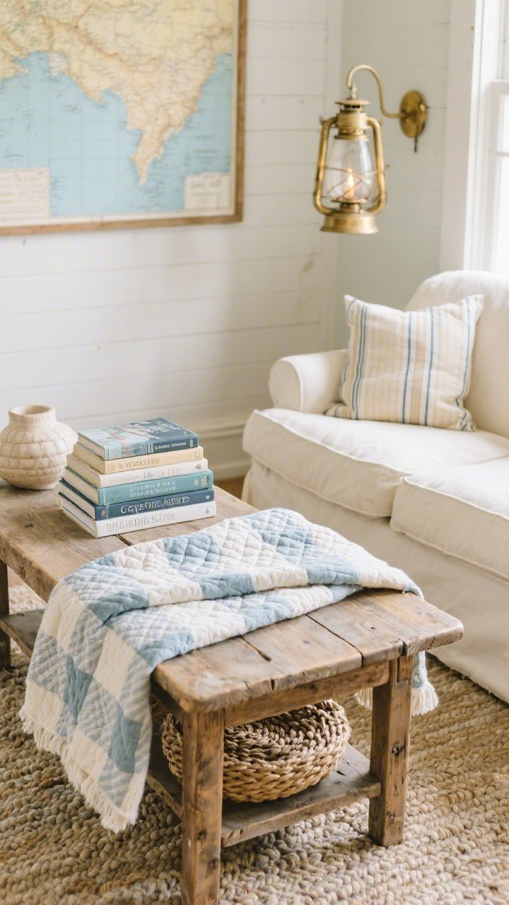 Detail closeup, overhead angle of Cape Cod cottage charm styling on a vintage pine coffee table: quilted throw folded beside a stack of coastal novels, small-scale check and pinstripe textiles peeking from a slipcovered armchair edge; braided wool rug texture visible beneath; palette cues of duck-egg blue, buttercream, and sandy beige in accessories; brass lantern sconce glow reflected off a framed coastal map corner in the background; cozy, collected, softly nautical mood.