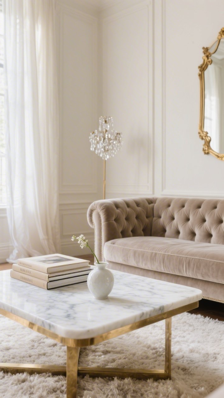 Detail closeup, Parisian-Inspired Neutrals With Quiet Glam: a marble coffee table surface with a soft sheen atop a low pile rug, styled with a small stack of neutral art books and a delicate porcelain bud vase. In soft focus behind, tall cream walls with subtle molding, the corner of a pale taupe tufted velvet sofa, and a hint of an antique-gold mirror edge. Gentle daylight filtering through sheer linen curtains; glints from a petite crystal chandelier above. Palette: cream, taupe, antique gold, soft marble white. Materials: velvet, marble, brass, sheer linen, crystal. Photorealistic, elegant mood.