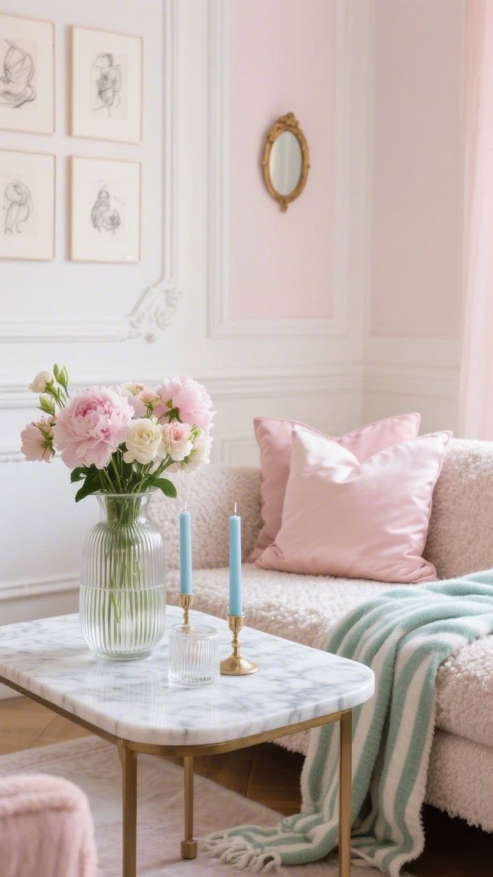 Detail closeup, Parisian Pastel Romance vignette: marble-topped small coffee table with ribbed glass vase holding fresh peonies/ranunculus, periwinkle candlesticks, mint-striped throw draped on a bouclé loveseat edge; background softly shows creamy white/pale blush wall with elegant moulding and a slim gallery wall of pencil sketches plus a small gilded mirror; textures of bouclé, marble, fluted glass, silk/satin cushions in blush; gentle morning light with a romantic, airy glow.