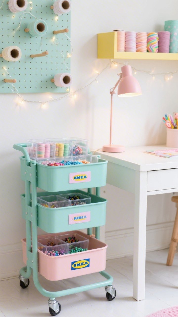 Detail closeup, Pastel Candy Cart Craft Corner: tight shot of two RÅSKOG utility carts painted mint and blush beside a compact white MICKE desk; focus on clear SAMLA bins with pastel labels and rainbow KUGGIS inserts neatly sorting beads and threads; above, a row of MÅLA paper rolls on simple dowel hooks, with a soft sorbet yellow LACK shelf edge visible; candy-colored FUBBLA task lamp casting cheerful light, fairy lights coiled around a pegboard frame softly glowing; playful, bright pastel palette, crisp textures, no people.