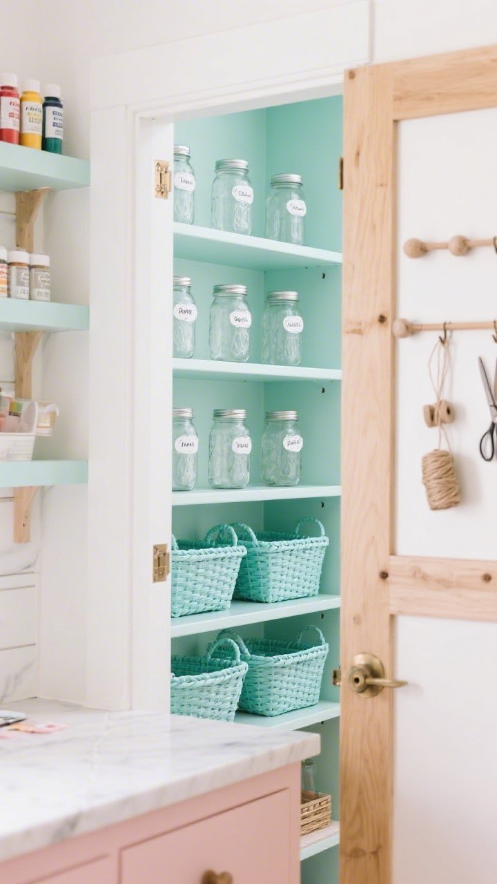 Detail/closeup, Pastel Pantry Craft Closet: doors slid open to reveal soft mint shelves lined with labeled glass mason jars and powder-coated pastel baskets, a shallow waist-height counter for quick tasks, risers on upper shelves keeping paints and glues visible, a peg rail inside the door with shears and twine spools, light oak accents and blush/cream hues; bright even lighting, straight-on close crop highlighting the candy-colored organization.