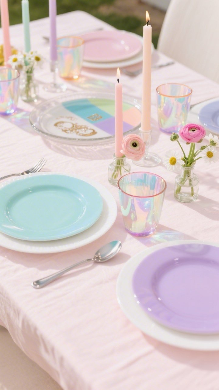 Detail closeup, Playful Pastels Family-Friendly: soft blush tablecloth backdrop with layered pastel plates in mint, sky blue, and lilac over crisp white chargers; acrylic or enamel flatware; pastel taper candles alternating with mini bud vases holding ranunculus, anemones, and chamomile; a color-blocked ceramic or clear acrylic Seder plate letting hues show through; colored-rim tumblers or iridescent cups catching playful reflections; shallow depth of field, bright cheerful lighting, no clutter, photorealistic.