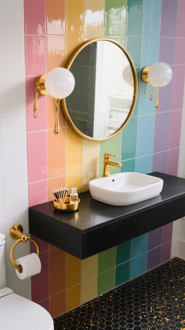 Detail closeup, “Playful Powder Room With Rainbow Tiles And Gilded Drip”: tight shot of vertical finger tiles in a soft rainbow gradient behind a round brass mirror; edge of a matte-black floating vanity topped with a white vessel sink; brushed gold faucet centered in frame; frosted globe sconce reflections in the mirror; micro-hex ink floor tiles with subtle gold flecks visible at the bottom of frame; gold towel ring and toilet roll holder for cohesive hardware; a petite gold-lipped catchall holding matches and a small perfume bottle; photorealistic, bright bouncing light, glossy-yet-refined finish.