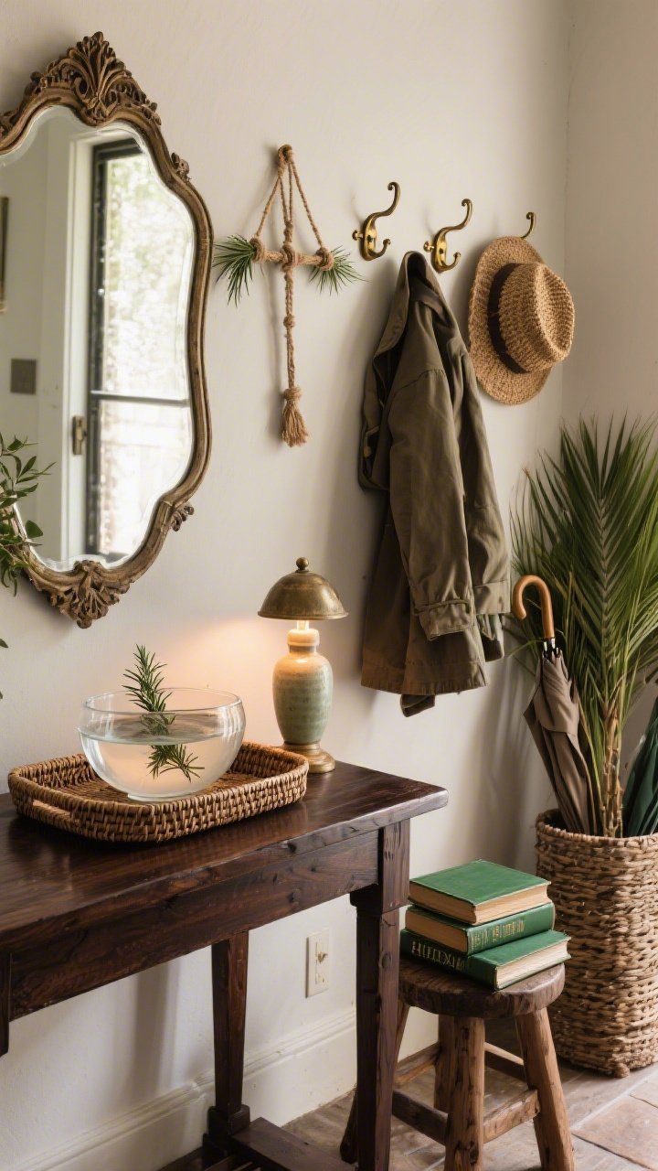 Detail closeup, Rustic Parish-Style Entryway vignette: dark stained oak console table topped with a woven tray holding a clear glass holy water–inspired bowl with floating rosemary; nearby small ceramic lamp glowing warmly; above, a vintage-style mirror reflecting light; to the side, an umbrella stand with a leaning bundle of palms; a small wooden stool stacked with hymnals or green-bound books; aged brass hooks on the wall holding coats and woven hats; a palm cross hung with twine from one hook; palette of deep oak, olive, linen, bronze; intimate, welcoming mood.