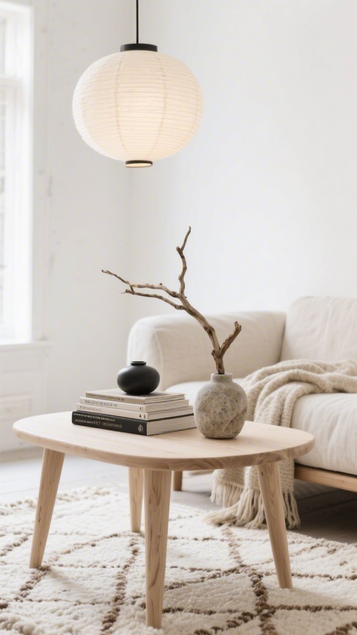 Detail closeup: Scandinavian boho calm vignette showing a bleached oak coffee table with rounded corners styled with a stacked set of coffee table books and a stone vase holding a single sculptural branch; soft white walls blurred in background; edge of a linen slipcovered sofa with pale oak legs and nubby throw visible; lightly patterned ivory-and-taupe flatweave rug beneath; paper lantern pendant softly glowing overhead; palette of bone, oatmeal, driftwood with a hint of black from a small ceramic accent; daylight, airy, photorealistic.