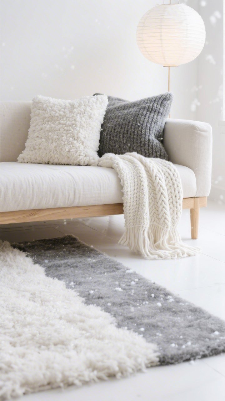 Detail closeup, Scandinavian Snowfall Serenity textures in soft daylight: overlap of a thick, high-pile ivory rug and a soft gray felted wool runner beneath a pale oatmeal linen sofa leg with blonde wood; on the sofa corner, pillows in chunky knit, nubby bouclé, and smooth cotton in whites and grays; a neatly folded graphite wool throw at one corner and a cream cable-knit throw cascading like a waterfall over the other; paper-lantern glow out of focus; palette of white, light gray, oatmeal, blonde wood; crisp, airy, super cozy; photorealistic, no people.