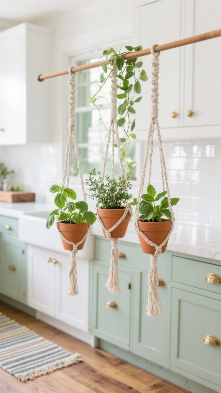 Detail/closeup shot across a kitchen window dowel: three short macrame plant hangers with small terracotta pots planted with fresh herbs—basil, thyme, mint—leaves crisp and dewy; a longer hanger at the window edge with cascading pothos; background hints of soft sage or crisp white cabinetry with brushed brass pulls, glossy white backsplash reflecting light, butcher block counter edge; runner rug in cheerful stripes slightly visible; bright, fresh, functional greenhouse vibe, photorealistic.