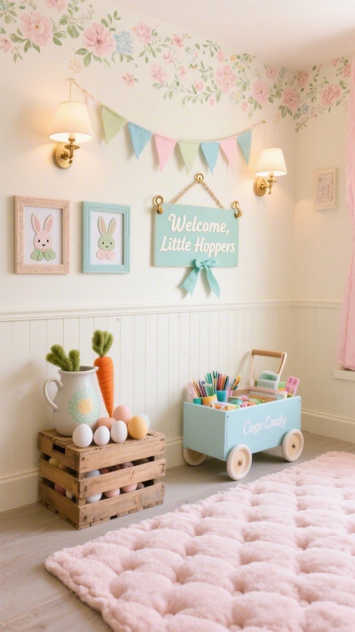 Detail closeup, slightly angled: “Cottage Candy Pastels Playroom” textures and vignettes. Focus on a wainscoted wall painted buttercream with floral peel-and-stick wallpaper above. In front, a tufted blush rug and a pale blue toy cart stocked with craft supplies. A wooden crate stacked with oversized eggs, felted carrots nestled in a ceramic pitcher. On the wall, vintage-style frames with cartoon bunny portraits. A ribboned sign reads “Welcome, Little Hoppers” in elegant script, hung with brass hooks. Pastel bunting swagged between sconce lights. Colors: buttercream, blush, powder blue, pistachio. Soft, warm, homey lighting; photorealistic materials and fabrics.